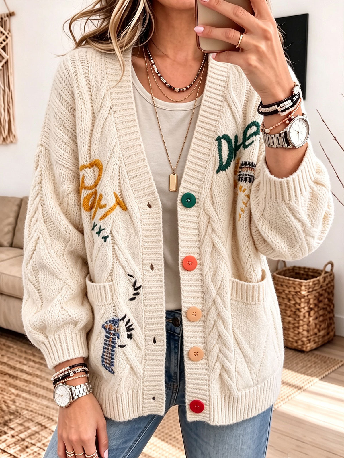 Embroidered Cable Knit Open Front Cardigan, Women Colorful Button Sweater Coat