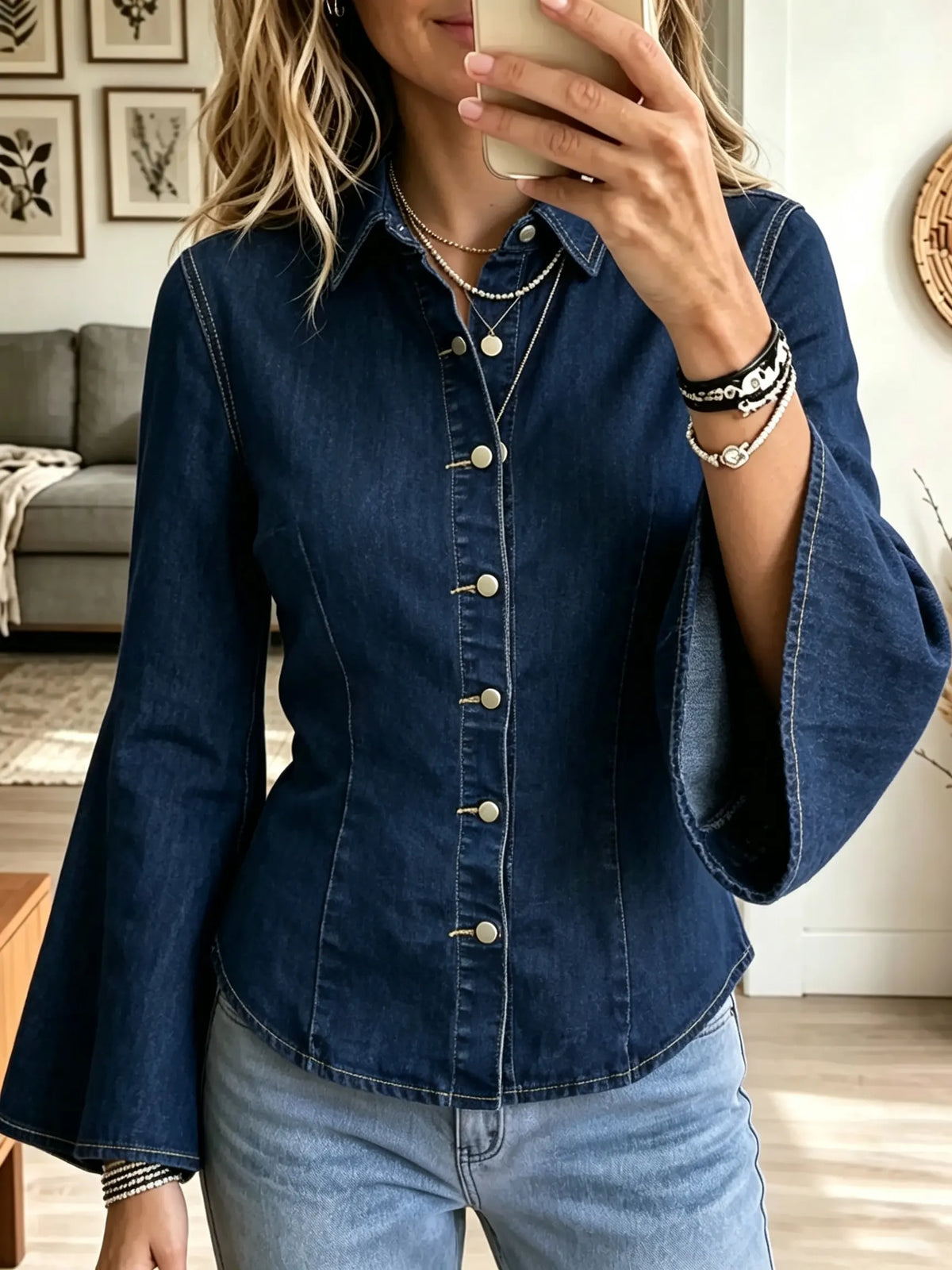 Women's Flared Bell Sleeve Fitted Denim Shirt
