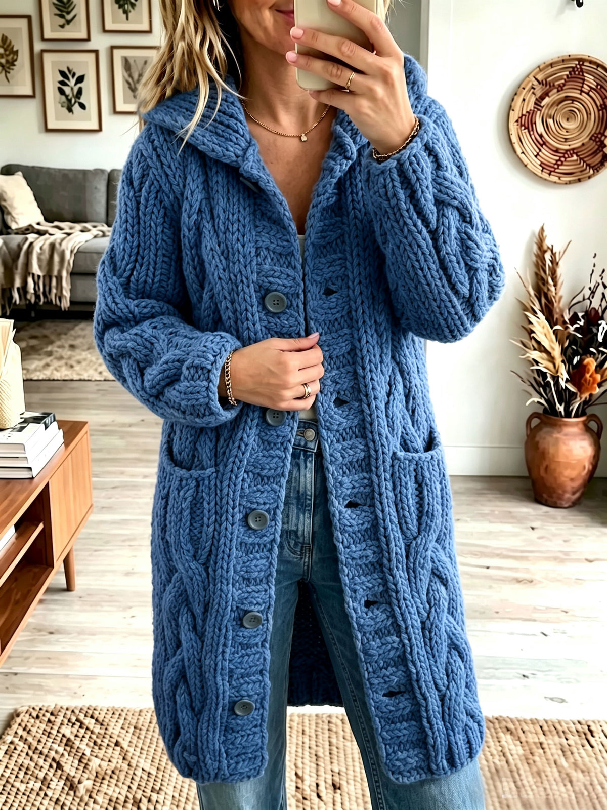 Women Lapel Chunky Cable Knit Cardigan Button‑Front Mid‑Length Sweater Coat