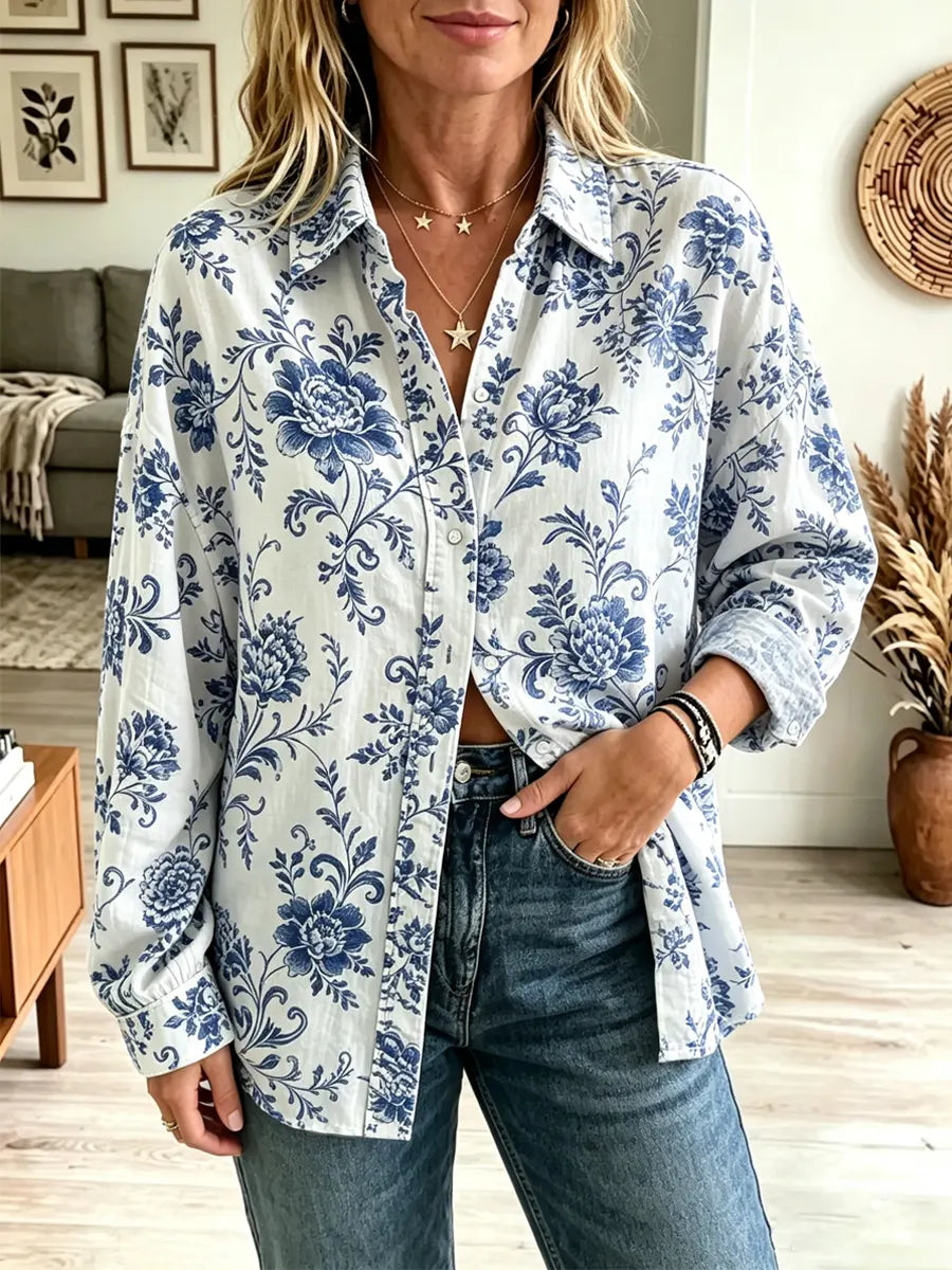 Retro Floral Pattern Art Print Casual Stylish Long Sleeve Cotton Linen Shirt