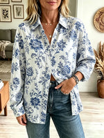 Retro Floral Pattern Art Print Casual Stylish Long Sleeve Cotton Linen Shirt
