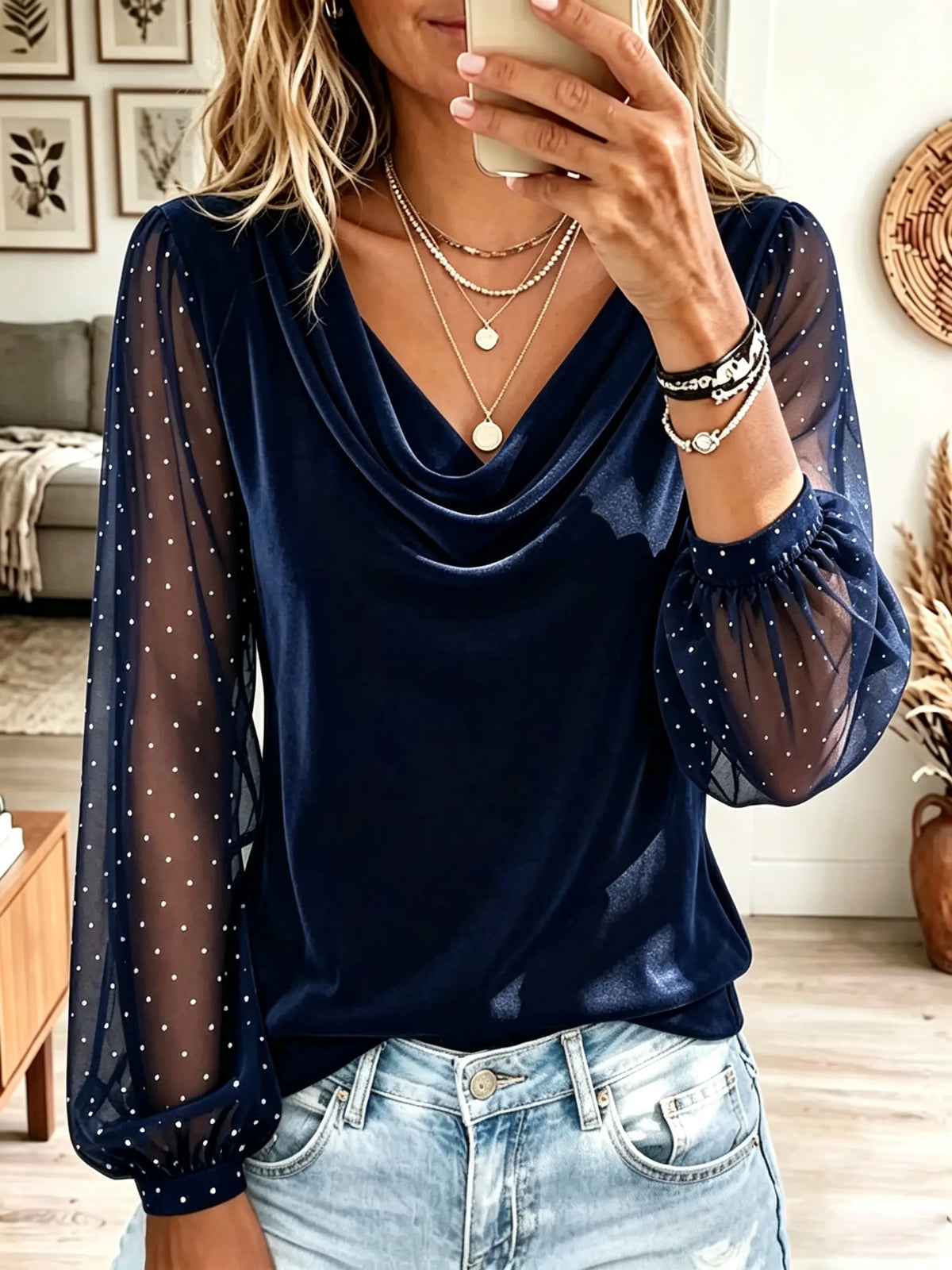 Women's Sheer Polka Dot Sleeve Cowl Neck Top