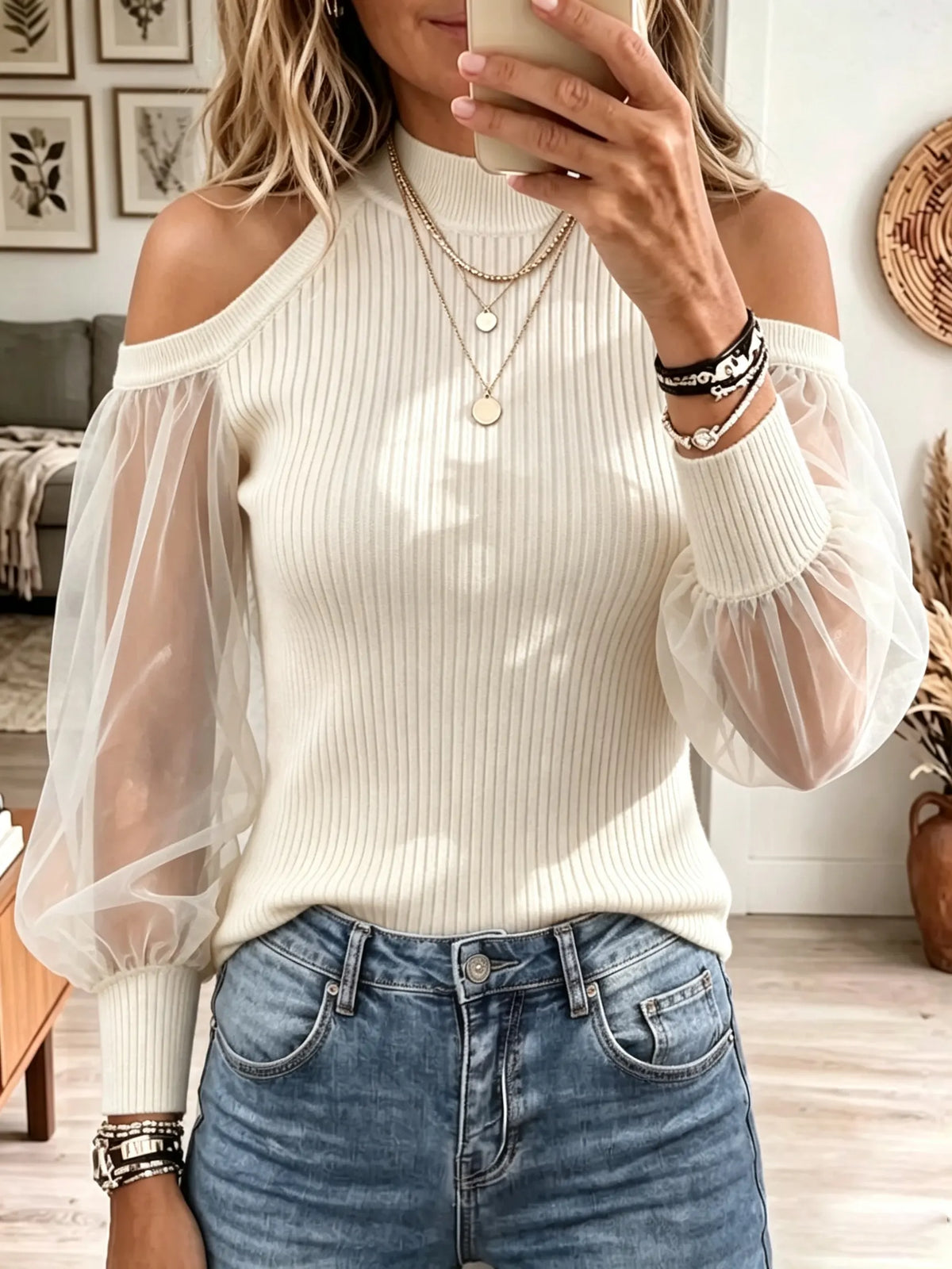 Women's Cold-Shoulder Sheer Sleeve Knit Top