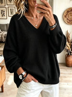 Women's Oversized V-Neck Ribbed Pullover Sweater