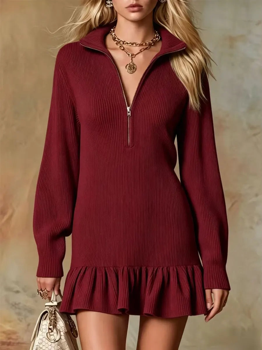 Retro Ruffle Art Casual Zip Stylish Lapel Long Sleeve Short Dress