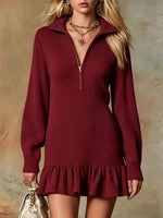 Retro Ruffle Art Casual Zip Stylish Lapel Long Sleeve Short Dress
