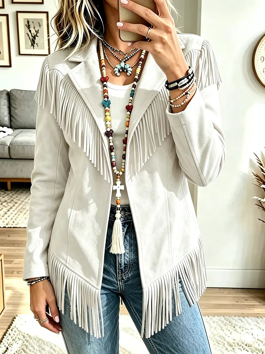 Women Collared Fringe Jacket