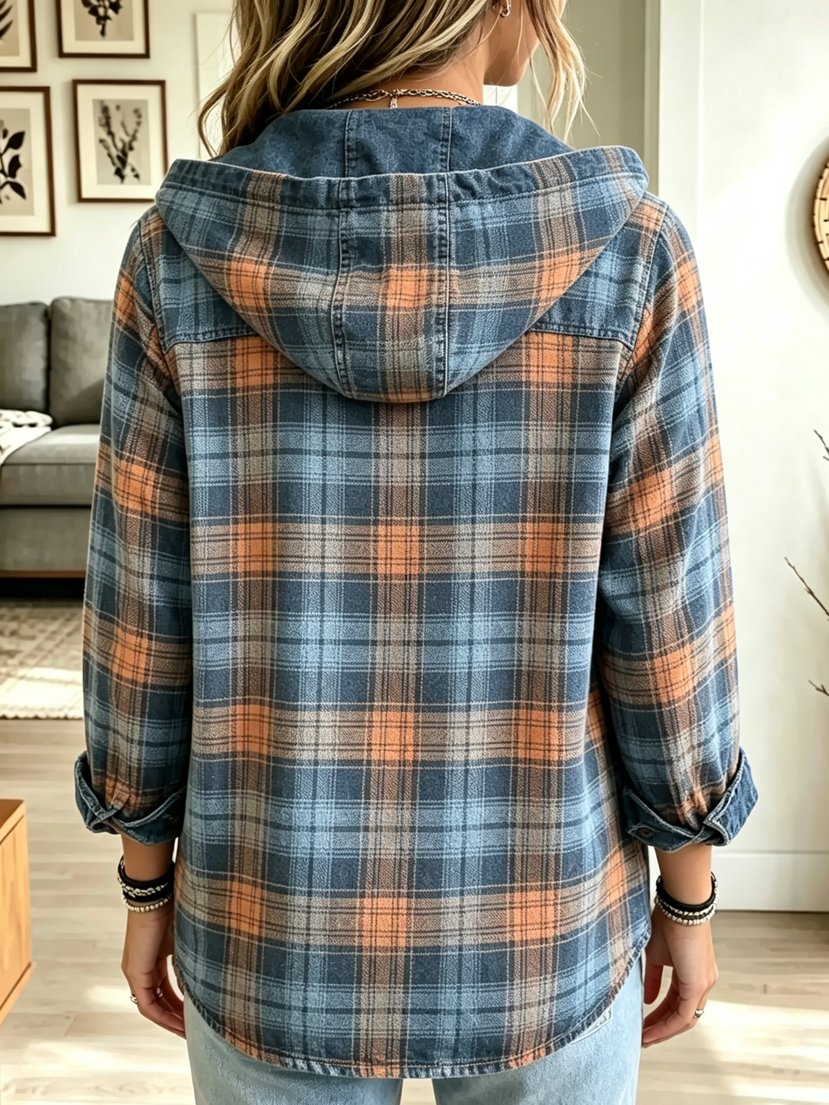Women's Plaid Denim Trim Hooded Shacket