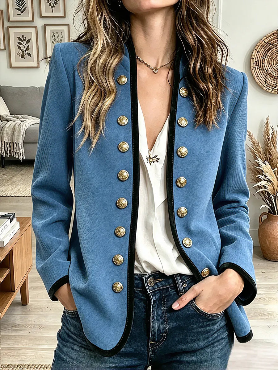 Vintage Elegant Suede Buttons Contrasting Trim Jacket