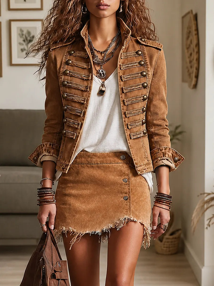 Women's Vintage Washed Military Jacket Frayed Denim Skirt 2 Piece Outfit Se