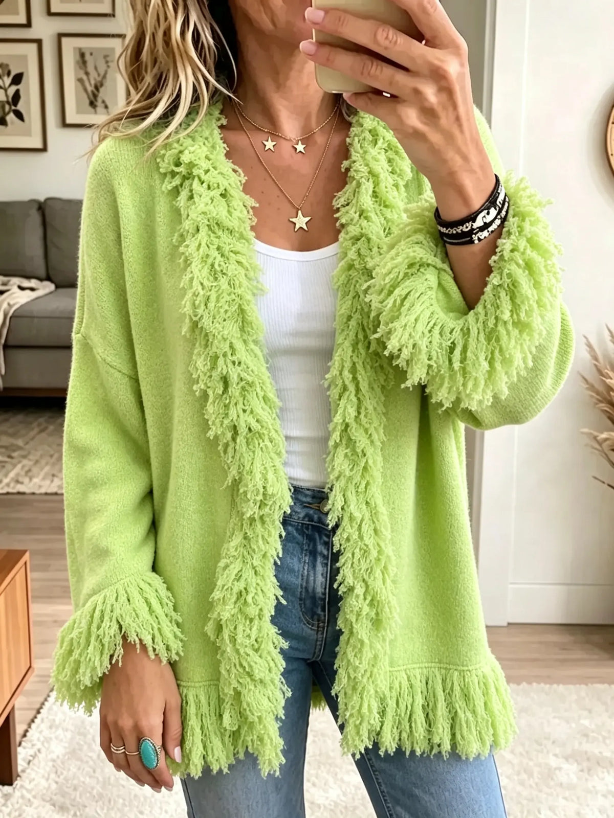 Women's Shaggy Fringe Open-Front Cardigan Sweater