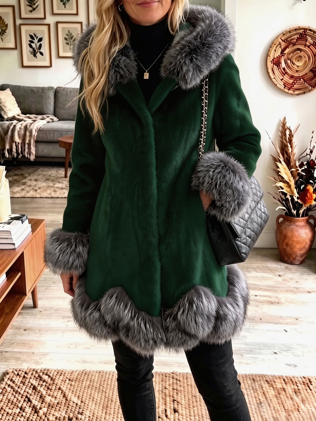 Hooded Faux Fur Contrast Trim Mid‑Length Coat Women Warm Winter Outerwear