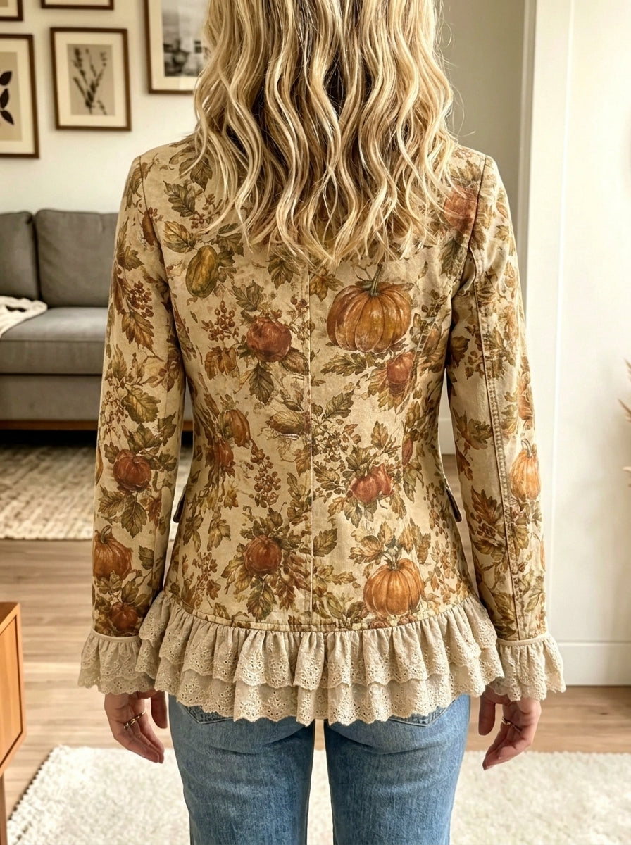 Women Pumpkin Floral Print Lace Ruffle Lapel Blazer Jacket