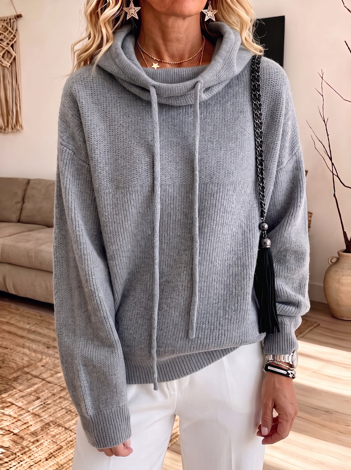Drawstring Cowl Neck Waffle Knit Hooded Sweater Women Loose Pullover