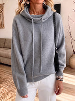 Drawstring Cowl Neck Waffle Knit Hooded Sweater Women Loose Pullover