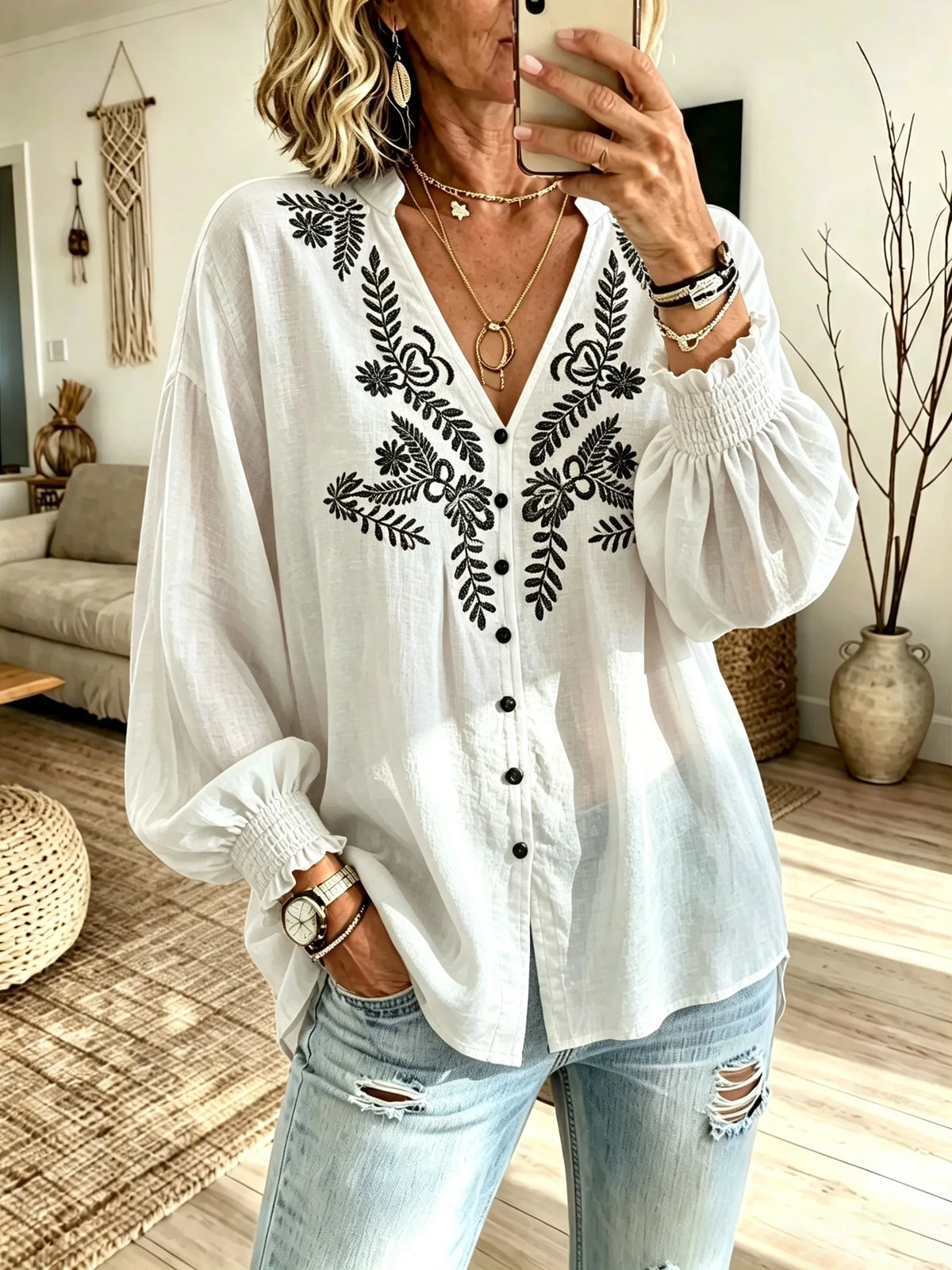 Women's White Botanical Print V-Neck Puff Sleeve Loose Blouse