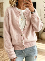 Women Speckled Knit Crew Neck Big Button Long Sleeve Casual Sweater Cardigan
