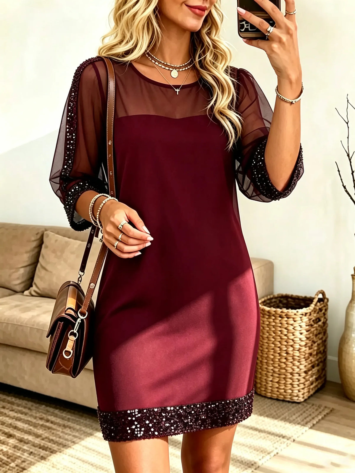 Women's Sequin Trim Sheer Sleeve Shift Mini Dress