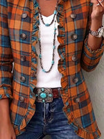 Retro Plaid Pattern Art Print Ruffle Casual Stylish Cotton Lapel Coat
