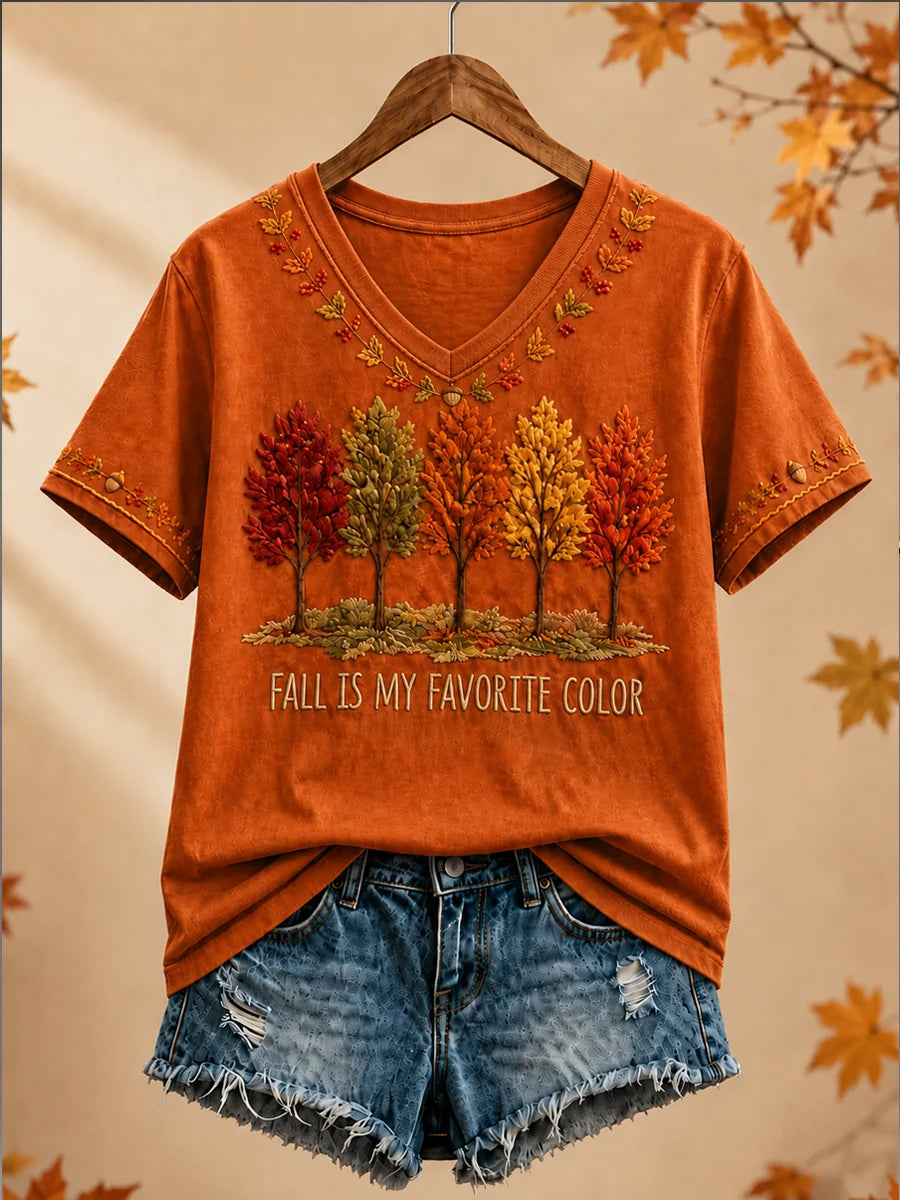 Women's Autumn Forest Embroidered Graphic V-Neck T-Shirt