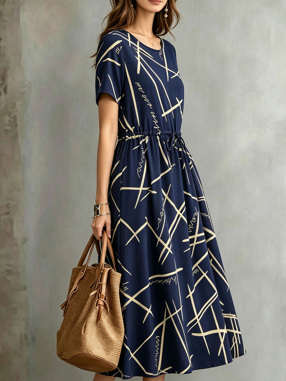 Women's Geometric Line Print Short Sleeve Drawstring Waist Midi Dress