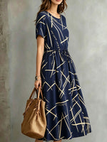 Women's Geometric Line Print Short Sleeve Drawstring Waist Midi Dress