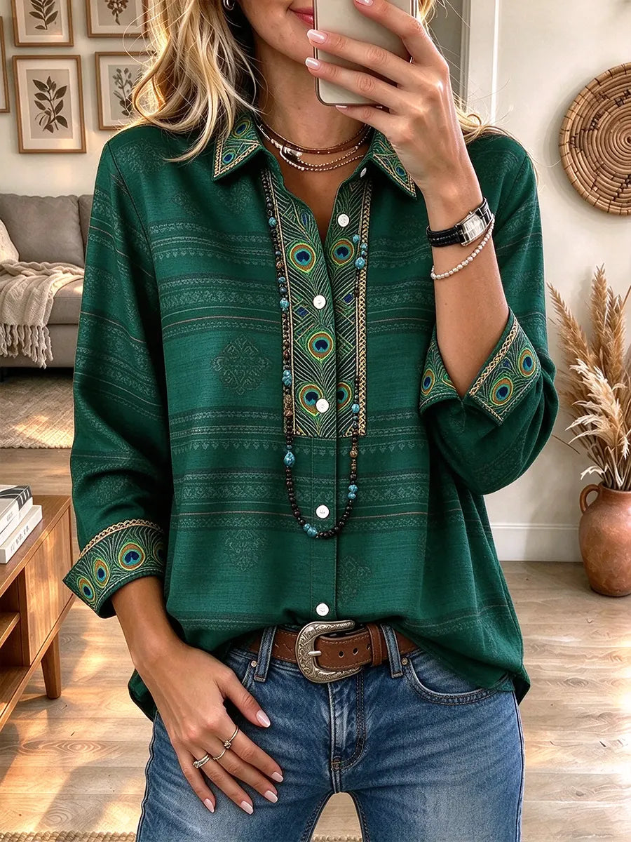 Women's Lapel Collar Long Sleeve Vintage Geometric Western Blouse