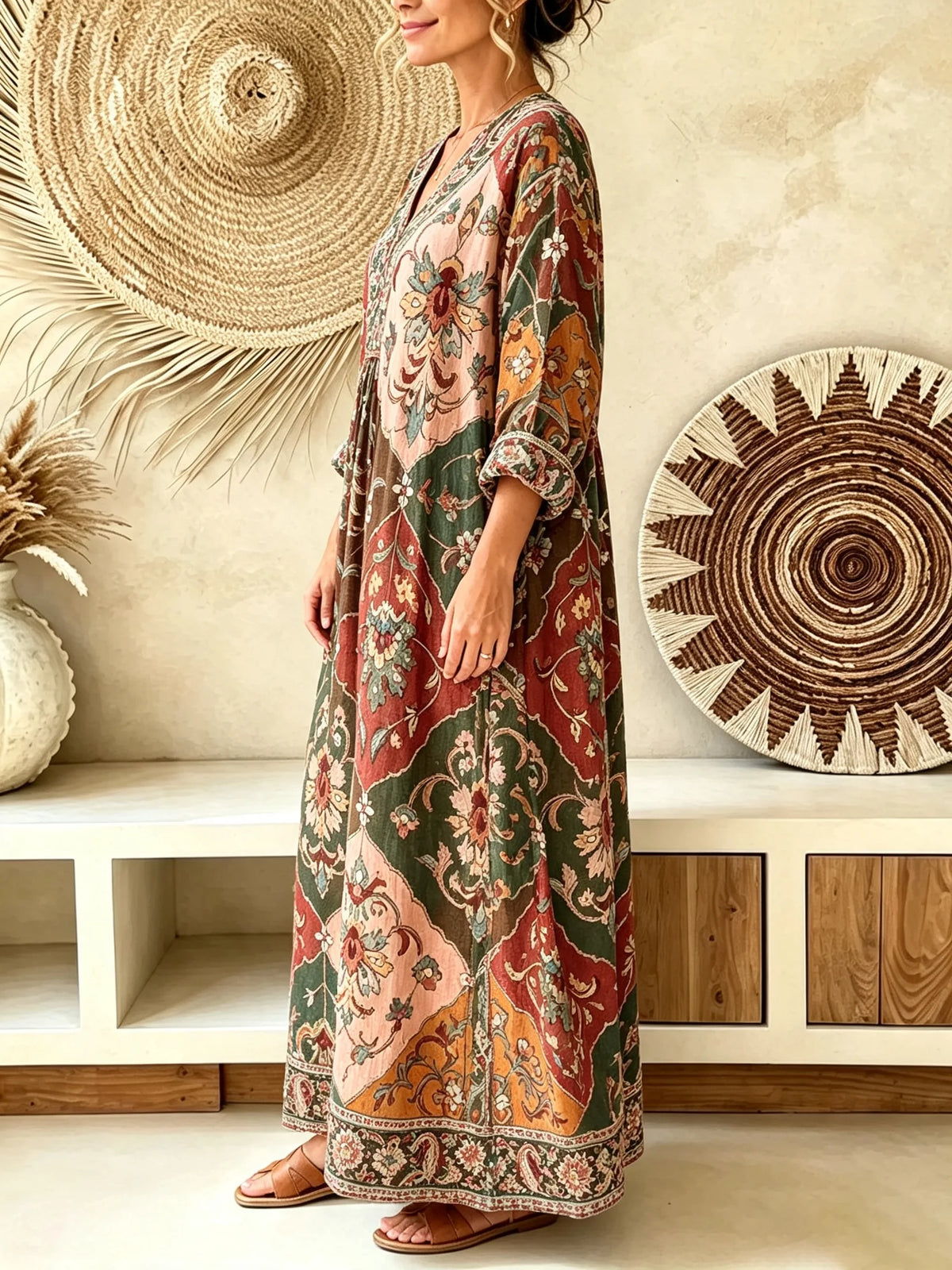 Women's Ethnic Geometric Floral Patchwork Print V-Neck Maxi Dress