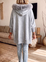 Faux Fur Hood Zip Up Oversized Batwing Sleeve Jacket