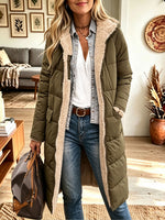 Women Sherpa Lined Long Puffer Coat Zip‑Up Hooded Quilted Winter Outerwear With Pockets