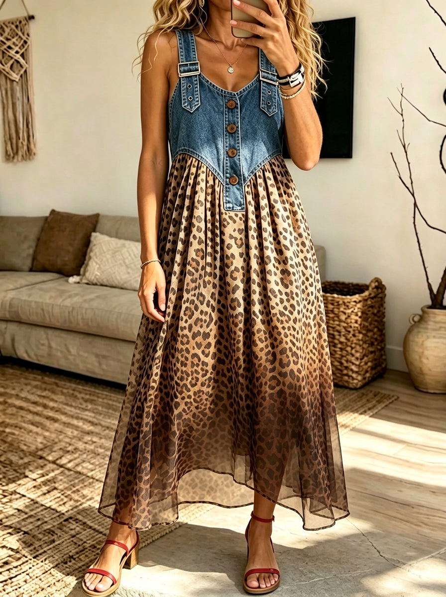 Women Denim Strap Leopard Print Tulle Spliced Midi Dress