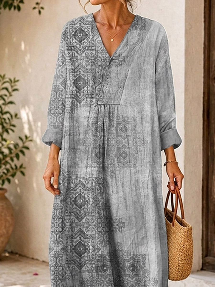 Retro Ethnic Pattern Art Print Casual V-neck Long Sleeve Cotton Linen Maxi Dress