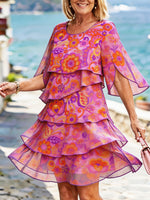 Women’s Vibrant Retro Floral Split Flare Sleeve Tiered Ruffle Chiffon Mini Dress