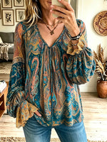 Women Boho Paisley Print V Neck Lantern Long Sleeve Blouse