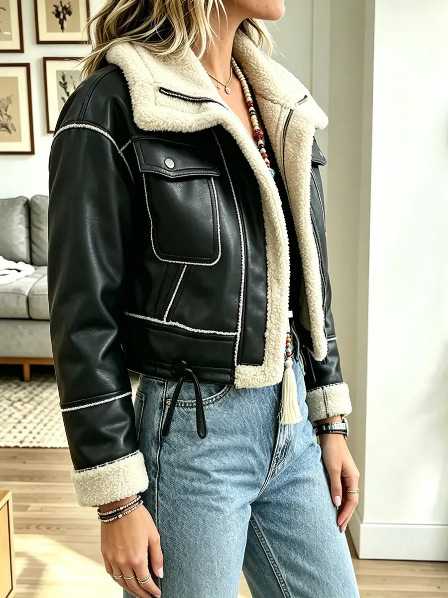 Women Retro Short Warm Motorcycle Jacket