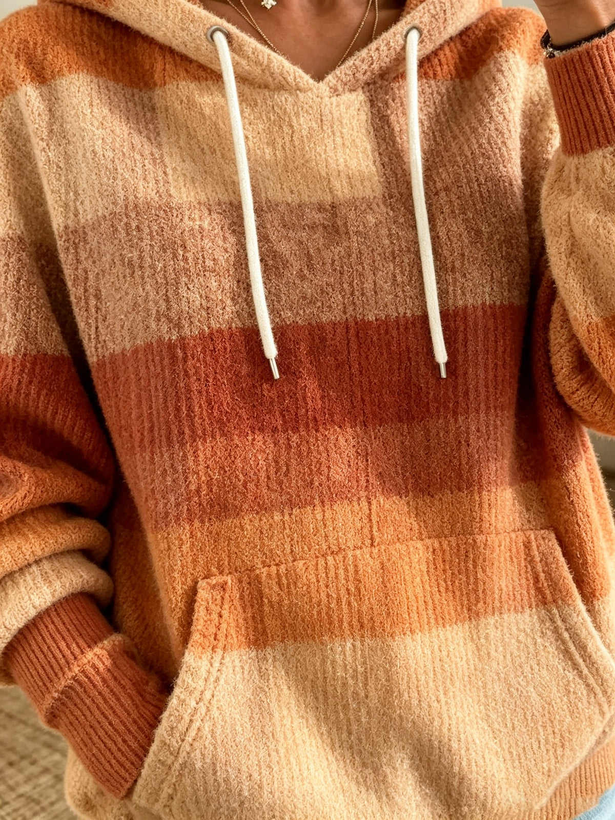 Women's Striped Drawstring Knit Hoodie