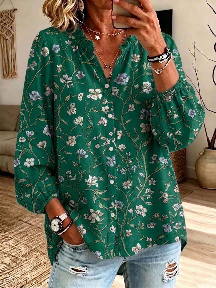 Retro Floral Pattern Art Print Casual Long Sleeve Cotton Linen Shirt