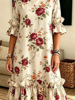 Retro Floral Pattern Art Print Casual Ruffle Stylish Cotton Linen Dress