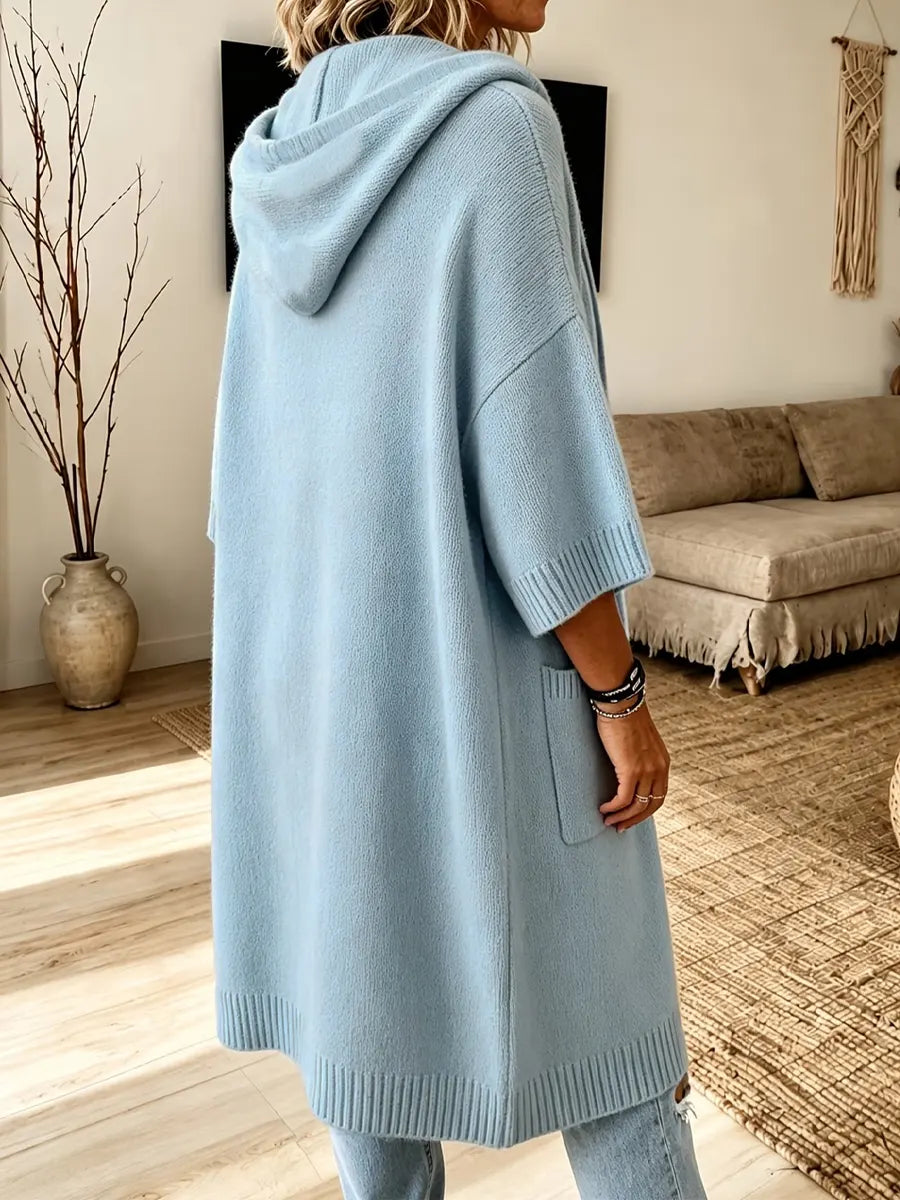 Cozy Hooded Knit Art Casual Pockets Stylish 3/4 Sleeve Cardigan Coat