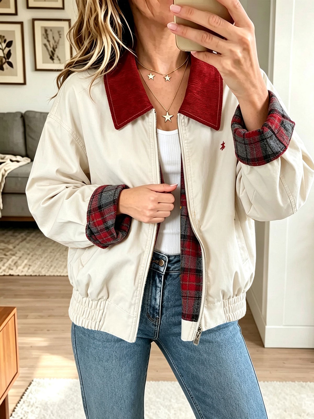 Women Cream Harrington Bomber Jacket With Corduroy Collar And Plaid Lining