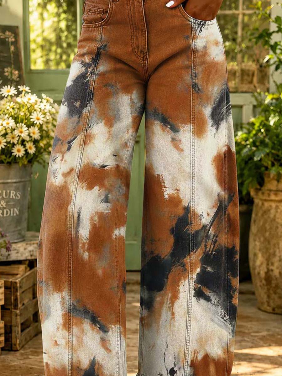 Women's Retro Pattern Art Print Casual Ruffle Hem Wide Leg Jeans