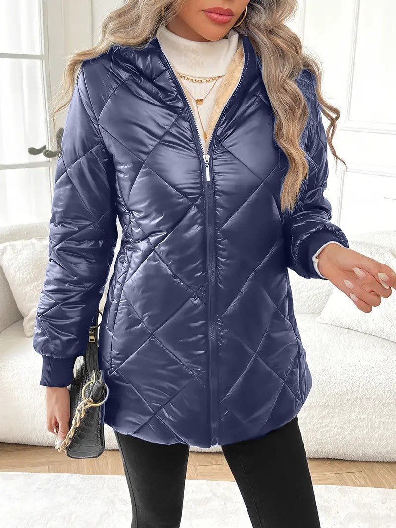 Fleece Lined Hooded Quilted Puffer Jacket Women Zip Up Winter Coat