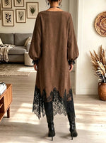 Women's Eyelash Lace Trim Asymmetrical Suede Maxi Dress