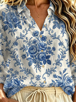 Women's Pink Floral Polka Dot Art Print Casual Long Sleeve Lapel Linen Shirt