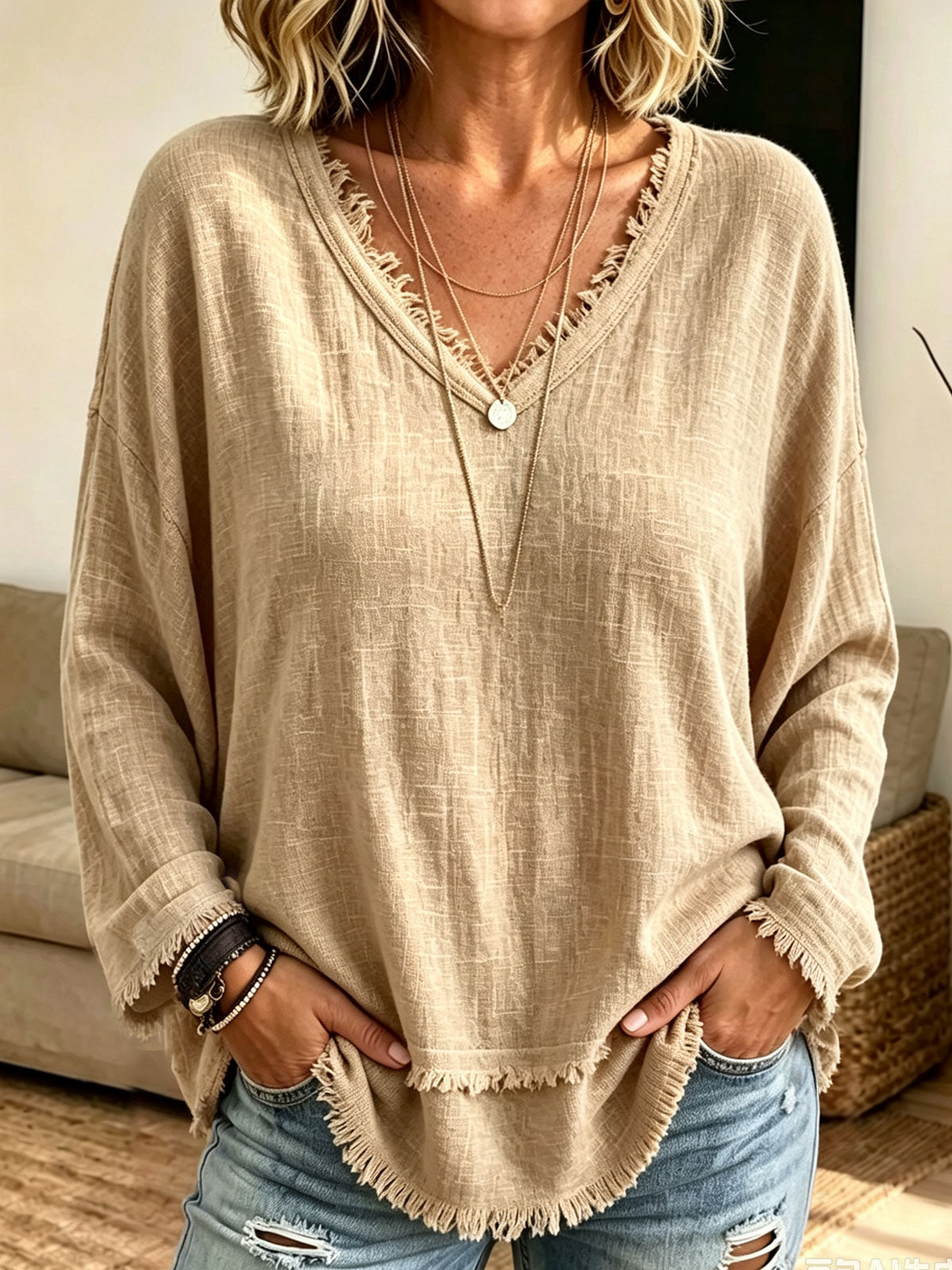 Women Frayed Edge V‑Neck Long Sleeve Top, Loose Textured Casual Blouse
