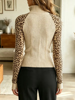 Retro Leopard Pattern Patchwork Zip Art Casual Stylish Long Sleeve Knit Sweater