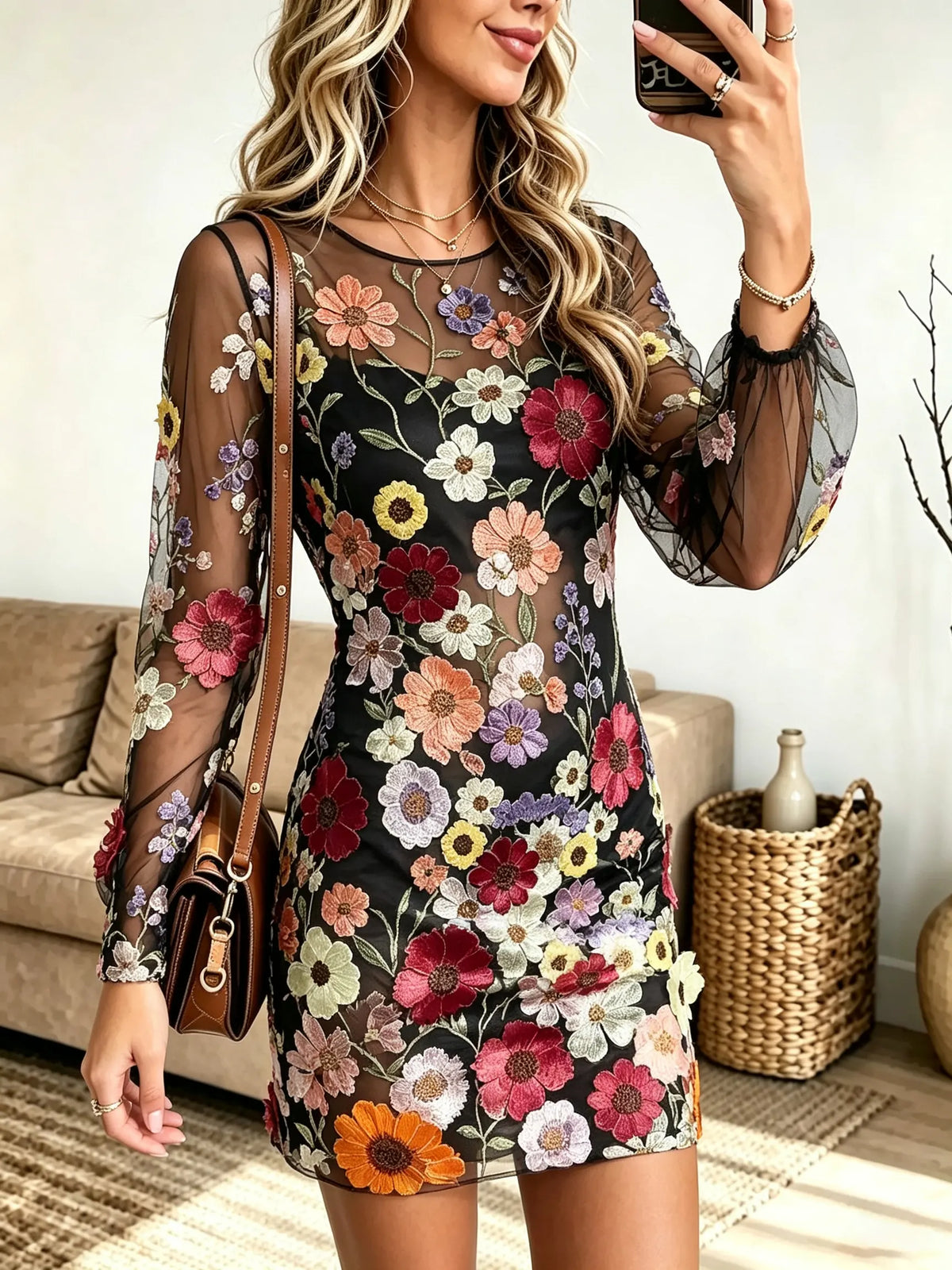 Women's Floral Embroidered Sheer Tulle Shift Mini Dress