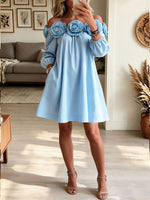Women's 3D Rose Off Shoulder Mini Dress, Puff Sleeve Loose Swing Dress With Pockets