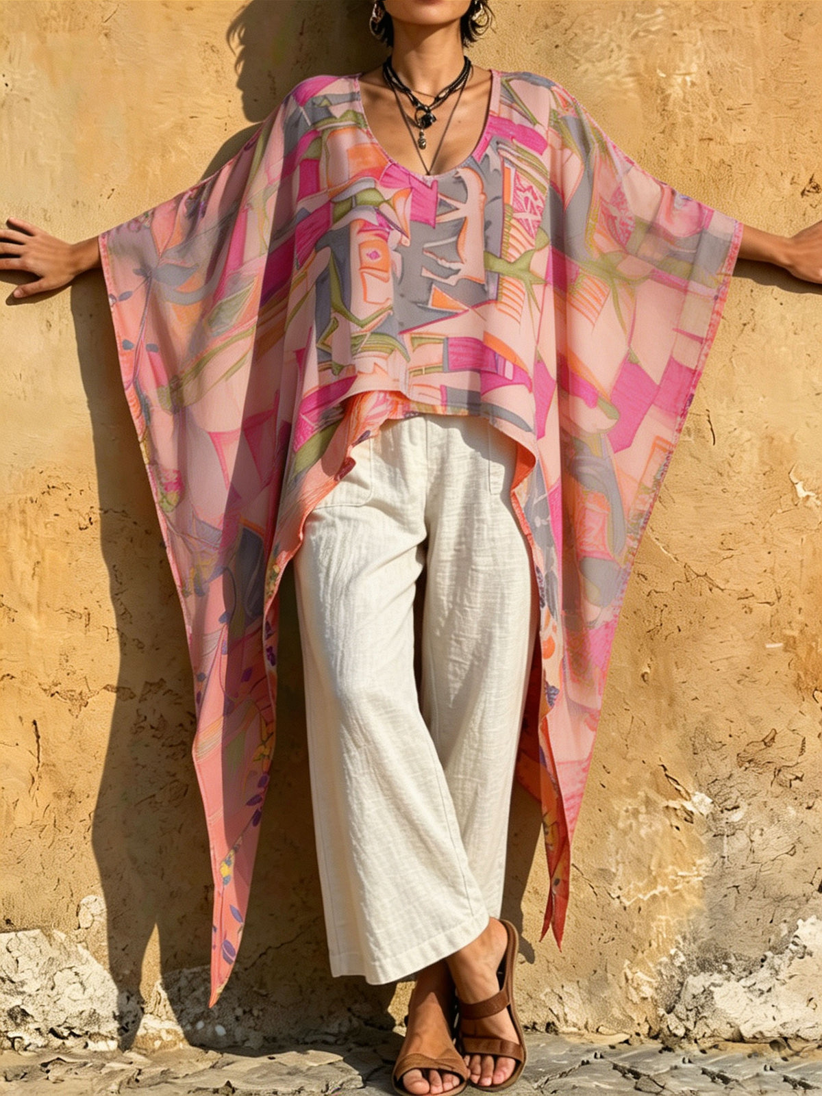 Women‘s Abstract Geometric Print Oversized Batwing Kaftan Tunic Top