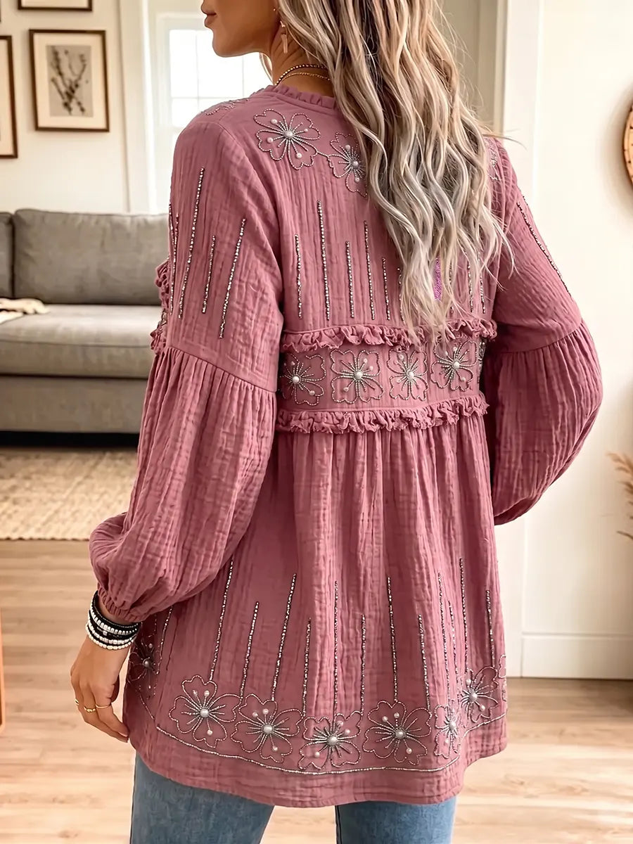 Women's Vintage Elegant Textured Crinkle Ruffle Babydoll Tunic Blouse